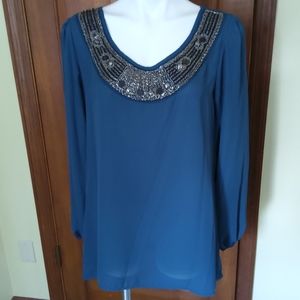 Studio Y Teal Beaded Strappy Back Blouse High Low